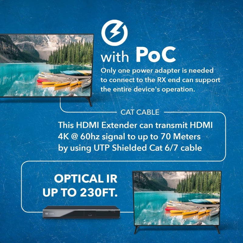 OREI موسع HDMI بدقة 4K عبر الإيثرنت، بالون موسع عبر Cat6/Cat7 مع مستخرج صوتي IR بصري حتى 230 قدم - مخرج حلقي - إشارة 4K@60Hz كاملة UltraHD - زمن انتقال منخفض - دعم كامل - Image 4